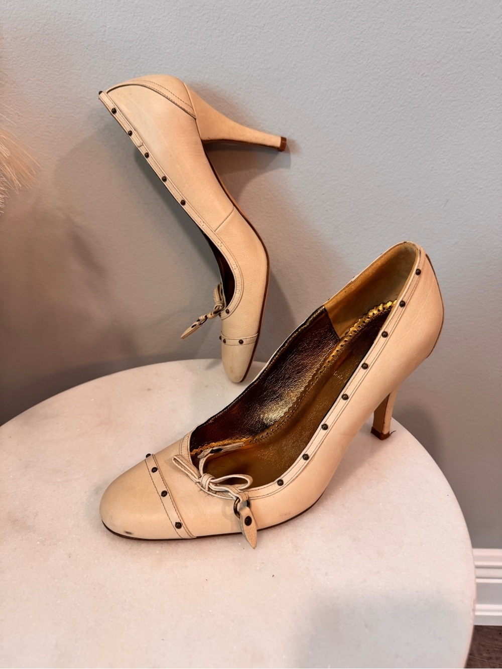 J. Crew Cream Leather Bow-Accent Mid Heels